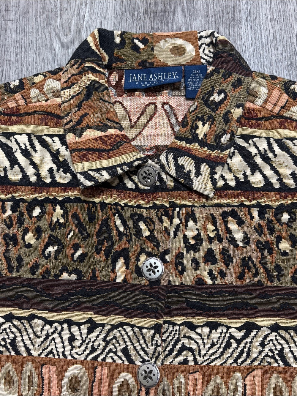 Jane Ashley Vintage 90s Boho Tapestry Jacket Size 2X Woman’s Animal Print